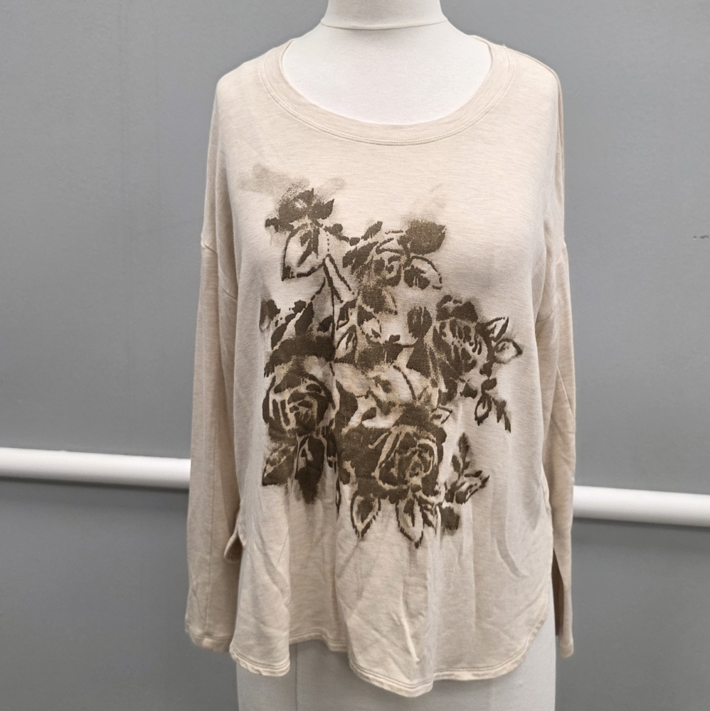 CAbi Cream and Brown Floral Blouse